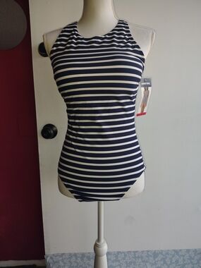 Lands' End Navy & White Striped High-Neck One-Piece Medium